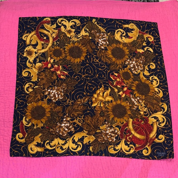 CHANEL Sunflower and Scroll Silk Scarf 33x33 inches